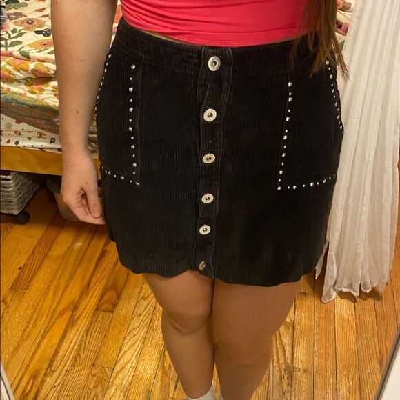 Black Corduroy Skirt with Button Front Grunge Work School Formal Small studs - Picture 1 of 3